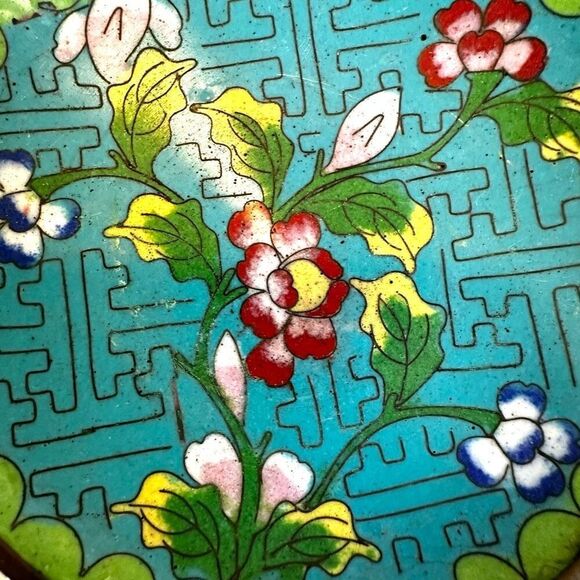 Chinese Cloisonne Enamel Brass Floral small Tray Turquoise Blue - Picture 2 of 5